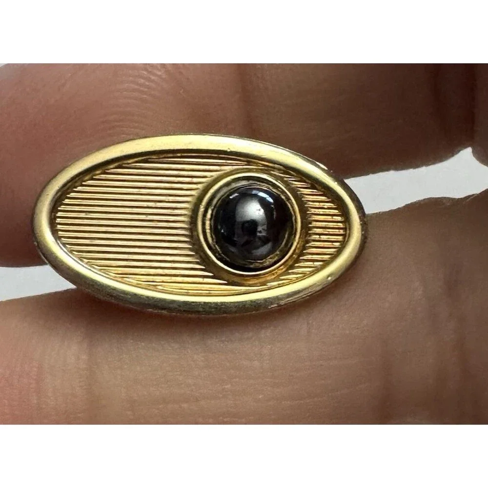 Signed Shields Vintage Gold Tone Cufflinks and Tie Bar Set with Black Onyx Accen